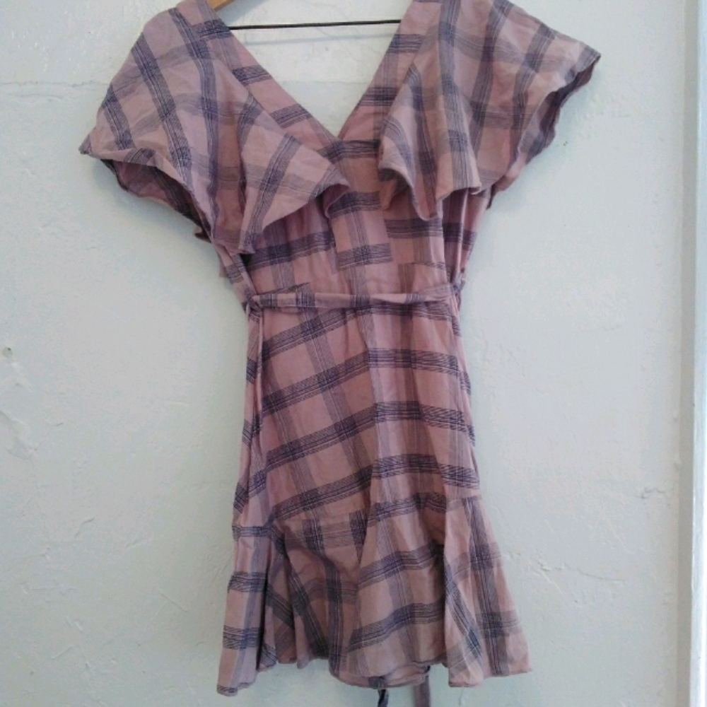 Topshop short pink plaid dress with ruffle sleeves